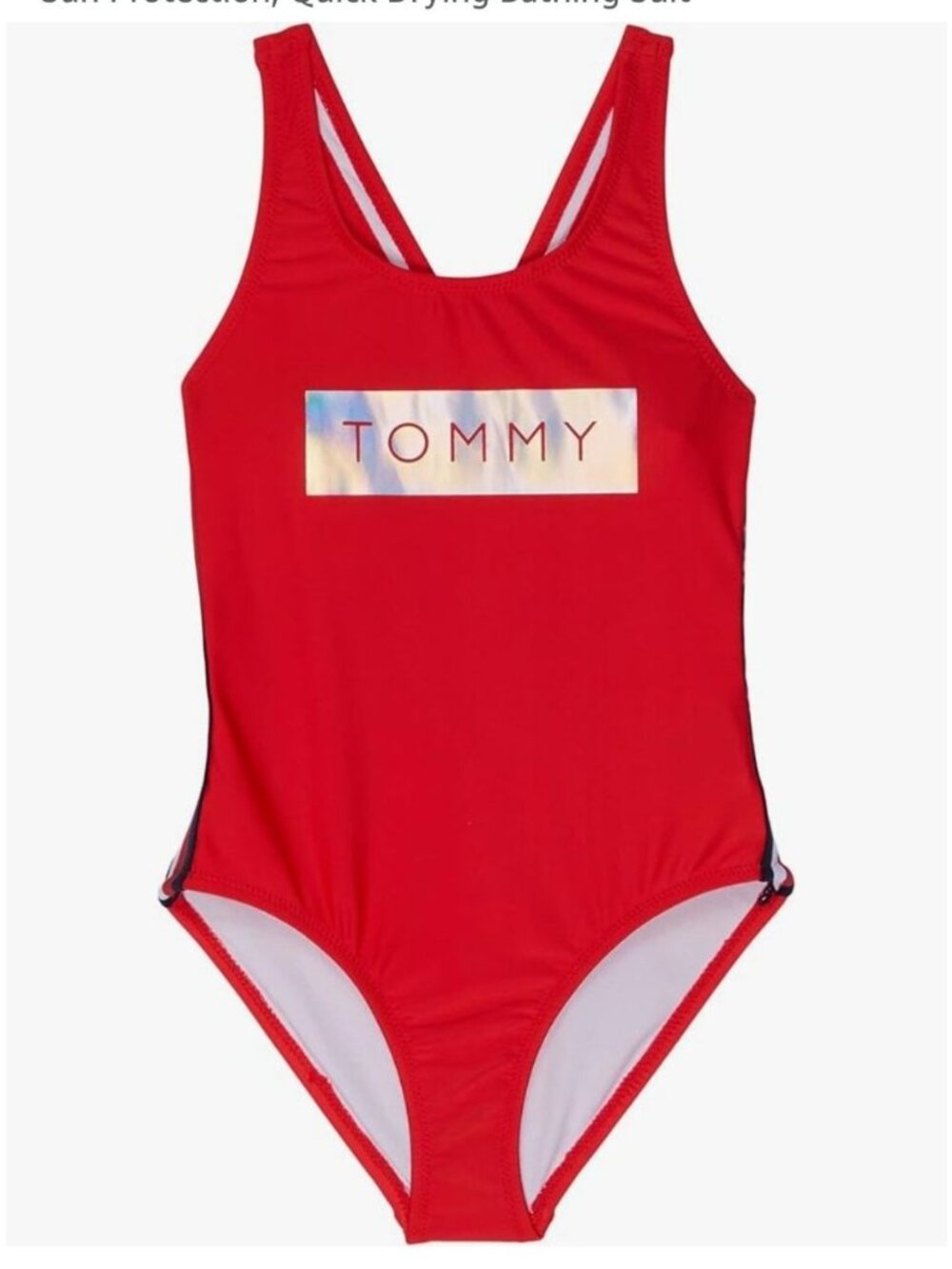 Tommy Hilfiger Girls Size 6 Red One-Piece Swimsuit Holographic Logo UPF 50+